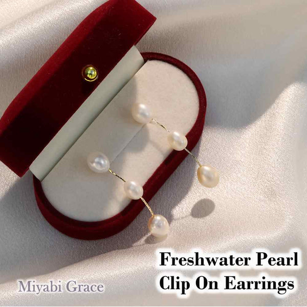 Dangle Three White Freshwater Pearl Long Gold Chain Coil ClipOn Earrings