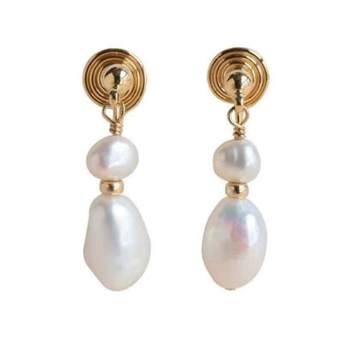 Dangle Two Freshwater Pearls Gold Coil Clip On Earrings