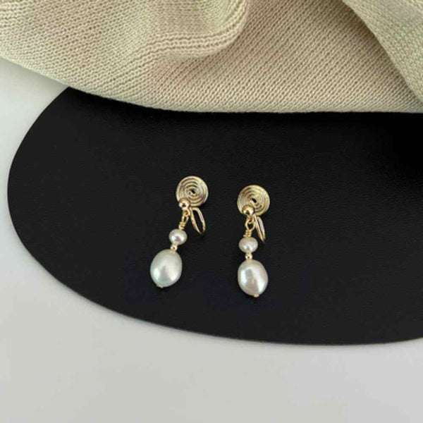 Dangle Two Freshwater Pearls Gold Coil Clip On Earrings