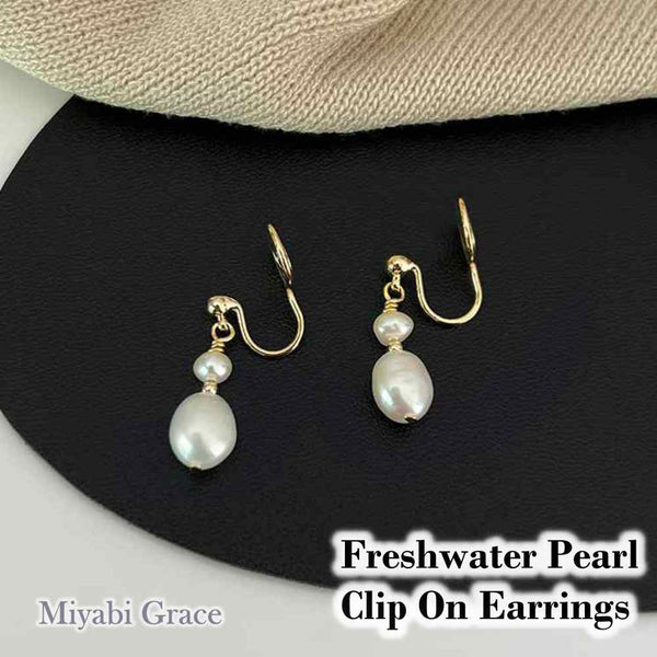 Dangle Two Freshwater Pearls Gold Coil Clip On Earrings