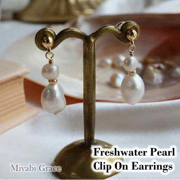 Dangle Two Freshwater Pearls Gold Coil Clip On Earrings