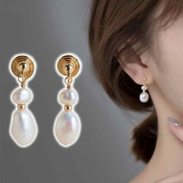 Dangle Two Freshwater Pearls Gold Coil Clip On Earrings