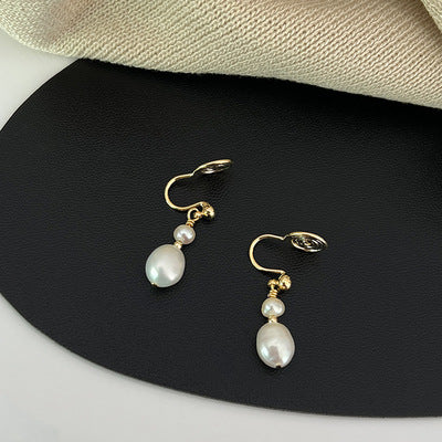 Dangle Two Freshwater Pearls Gold Coil Clip On Earrings