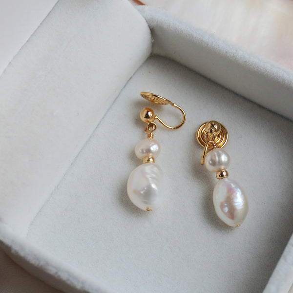 Dangle Two Freshwater Pearls Gold Coil Clip On Earrings