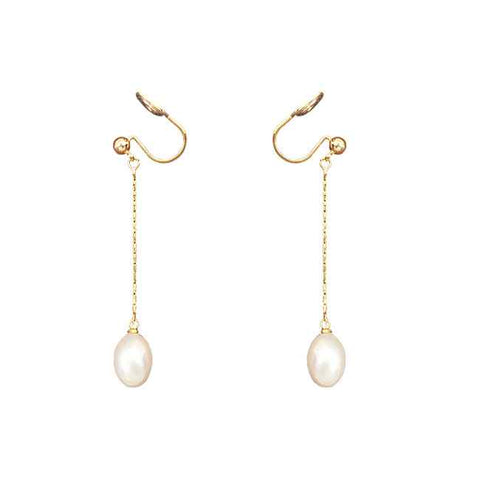 Dangle White Freshwater Pearl 6mm & Gold Long Chain Coil Clip On Earrings