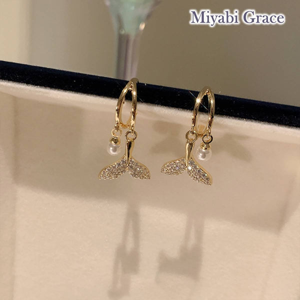 Dangle Dolphin Tail Crystal Rhinestone Gold Fish Tail Invisible Clip On Earrings