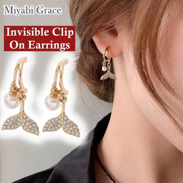 Dangle Dolphin Tail Crystal Rhinestone Gold Fish Tail Invisible Clip On Earrings