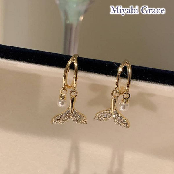 Dangle Dolphin Tail Crystal Rhinestone Gold Fish Tail Invisible Clip On Earrings