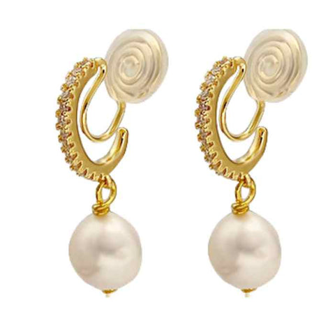 Dangle White Freshwater Pearl & Gold Cubic Zirconia Crystal Bar Coil Clip On Earrings