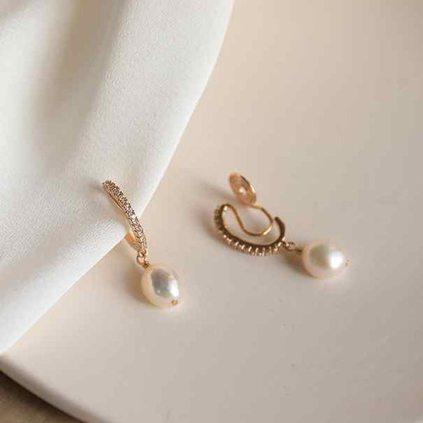 Dangle White Freshwater Pearl & Gold Cubic Zirconia Crystal Bar Coil Clip On Earrings