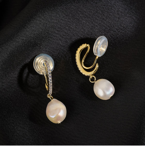 Dangle White Freshwater Pearl & Gold Cubic Zirconia Crystal Bar Coil Clip On Earrings