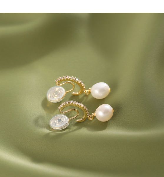 Dangle White Freshwater Pearl & Gold Cubic Zirconia Crystal Bar Coil Clip On Earrings