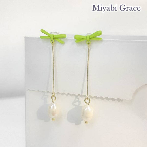 Dangle Freshwater Pearl Green Ribbon Tie Invisible Clip On Earrings