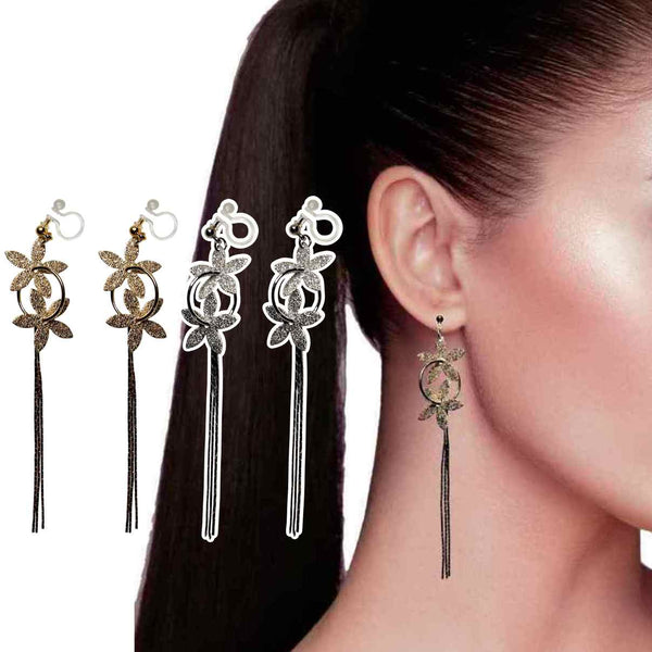 Elegant Golden Flower Long Chain Dangle Invisible Clip-On Earrings