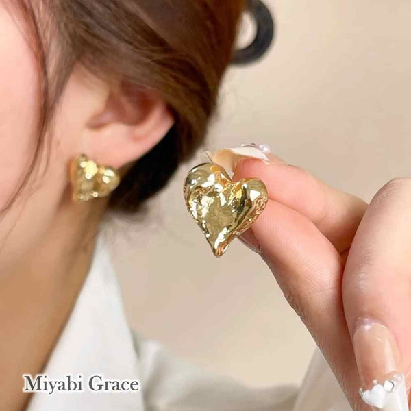 Gold Hammered Heart Coil Clip On Earrings