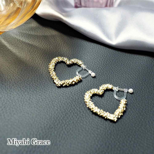 Gold Metallic Heart Hoop Invisible Clip On Earrings