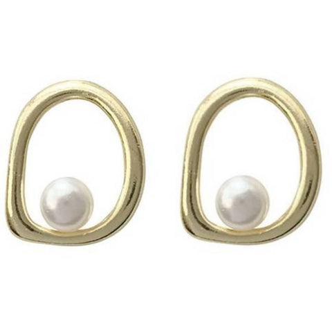 Small Gold Open Circle and Pearl Invisible Clip On Stud Earrings