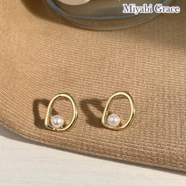 Small Gold Open Circle and Pearl Invisible Clip On Stud Earrings