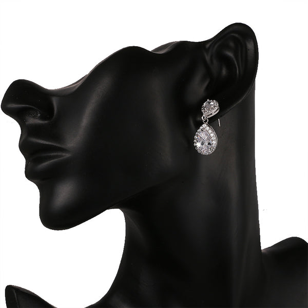 Dangle Gold / Silver Teardrop Cubic Zirconia CZ Bridal Wedding Clip On Earrings