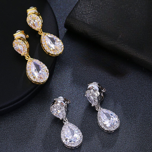Dangle Gold / Silver Teardrop Cubic Zirconia CZ Bridal Wedding Clip On Earrings