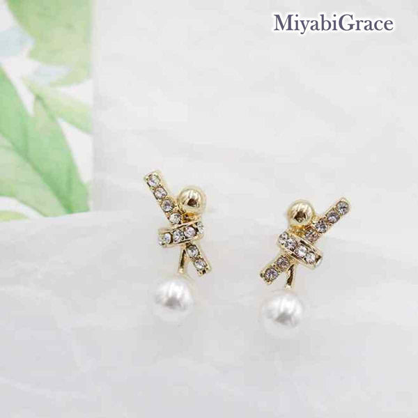 Gold V Crystal Rhinestone & Pearl Invisible Clip On Stud Earrings