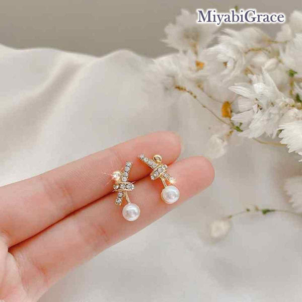 Gold V Crystal Rhinestone & Pearl Invisible Clip On Stud Earrings