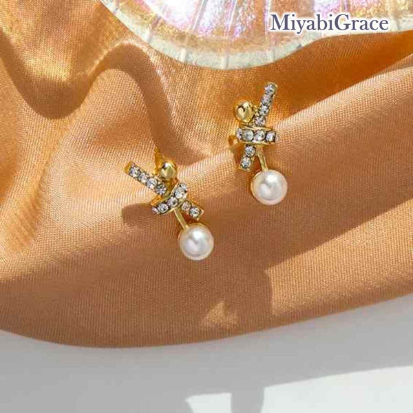 Gold V Crystal Rhinestone & Pearl Invisible Clip On Stud Earrings