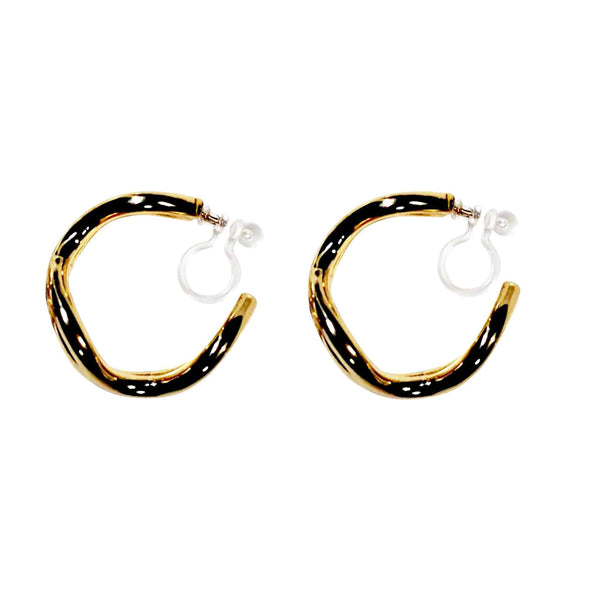 Gold Double Waved Invisible Clip On Hoop Earrings