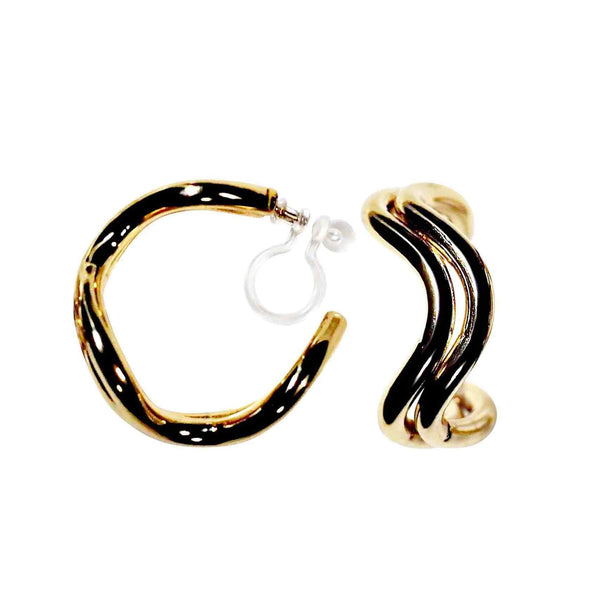 Gold Double Waved Invisible Clip On Hoop Earrings