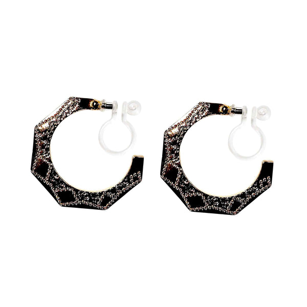 Engraved Ethnic Pentagon Invisible Clip On Hoop Earrings (Gold/Silver)