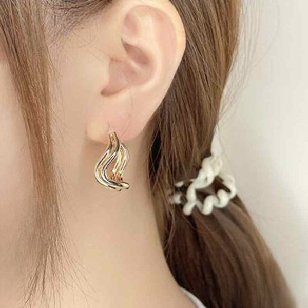 Gold Double Waved Invisible Clip On Hoop Earrings