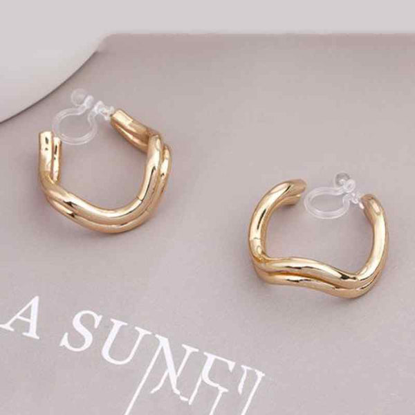 Gold Double Waved Invisible Clip On Hoop Earrings