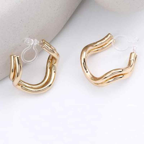 Gold Double Waved Invisible Clip On Hoop Earrings