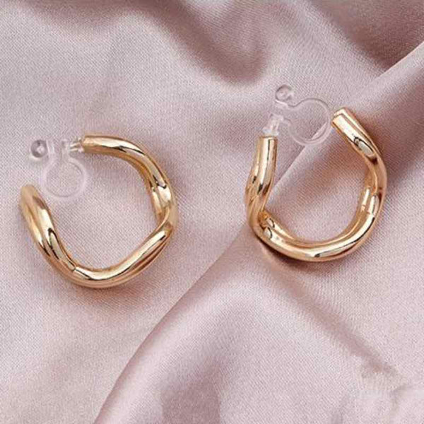 Gold Double Waved Invisible Clip On Hoop Earrings