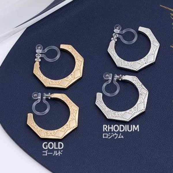 Engraved Ethnic Pentagon Invisible Clip On Hoop Earrings (Gold/Silver)