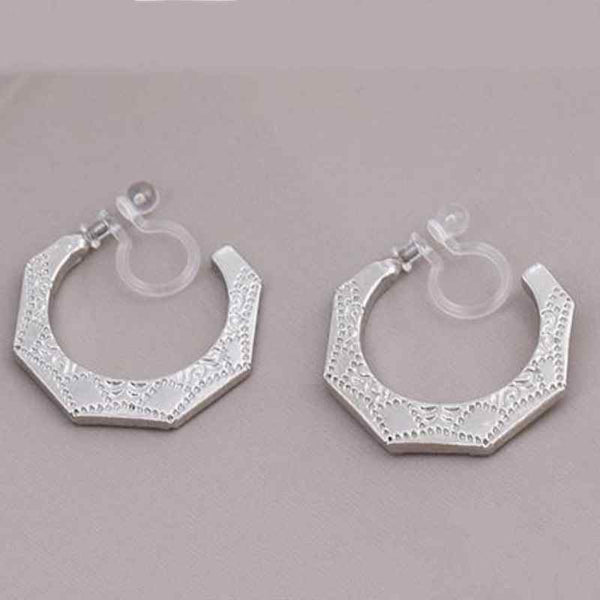 Engraved Ethnic Pentagon Invisible Clip On Hoop Earrings (Gold/Silver)