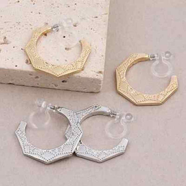 Engraved Ethnic Pentagon Invisible Clip On Hoop Earrings (Gold/Silver)