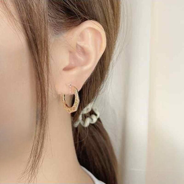 Engraved Ethnic Pentagon Invisible Clip On Hoop Earrings (Gold/Silver)