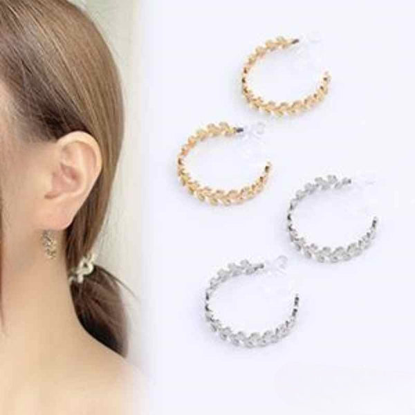 Leaf Laurel Wreath Invisible Clip On Hoop Earrings (Gold/Silver)