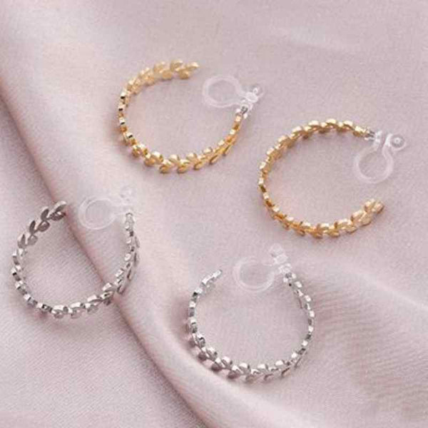 Leaf Laurel Wreath Invisible Clip On Hoop Earrings (Gold/Silver)