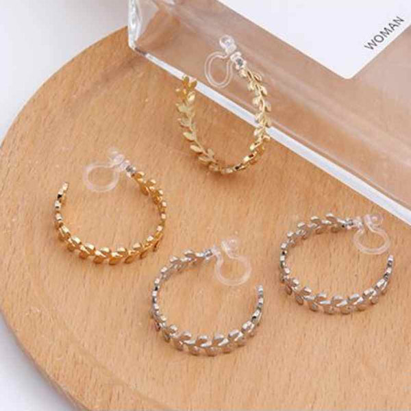 Leaf Laurel Wreath Invisible Clip On Hoop Earrings (Gold/Silver)