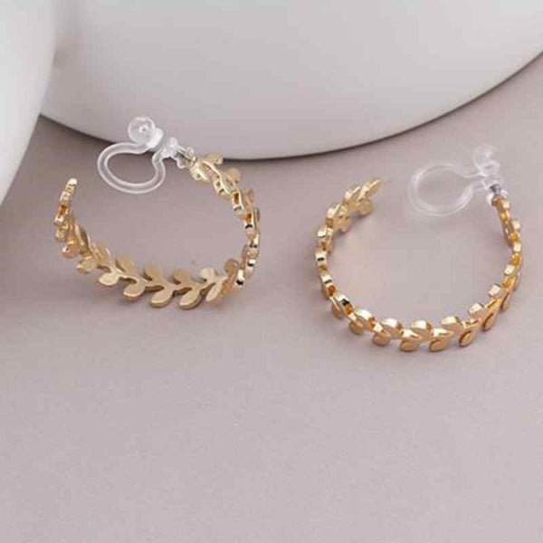 Leaf Laurel Wreath Invisible Clip On Hoop Earrings (Gold/Silver)