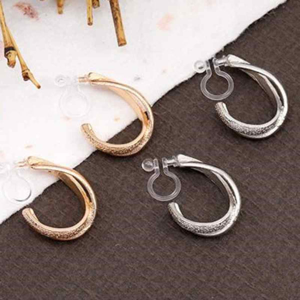 Textured Cross Invisible Clip On Hoop Earrings (Gold/Silver)