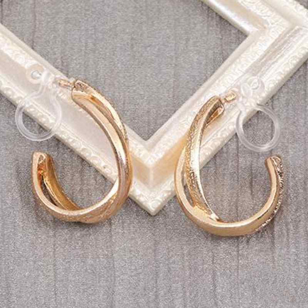 Textured Cross Invisible Clip On Hoop Earrings (Gold/Silver)