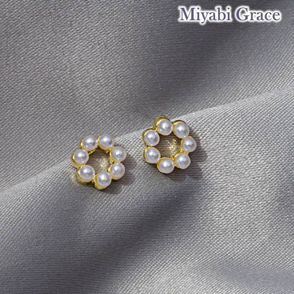 Small Gold Open Circle White Pearl Invisible Clip On Stud Earrings