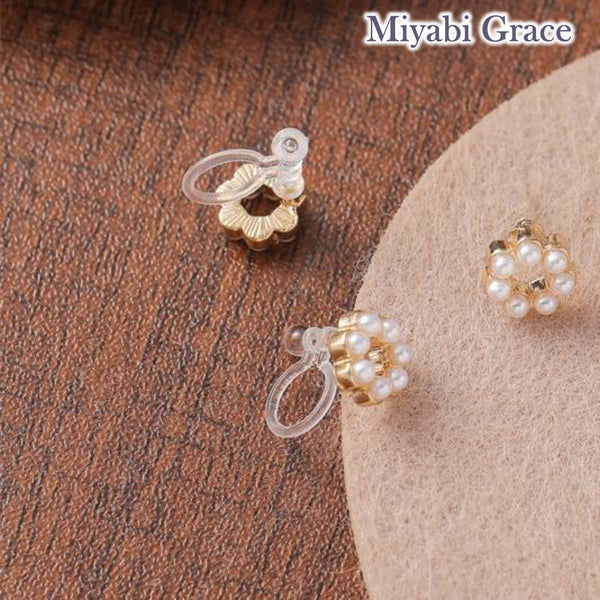 Small Gold Open Circle White Pearl Invisible Clip On Stud Earrings