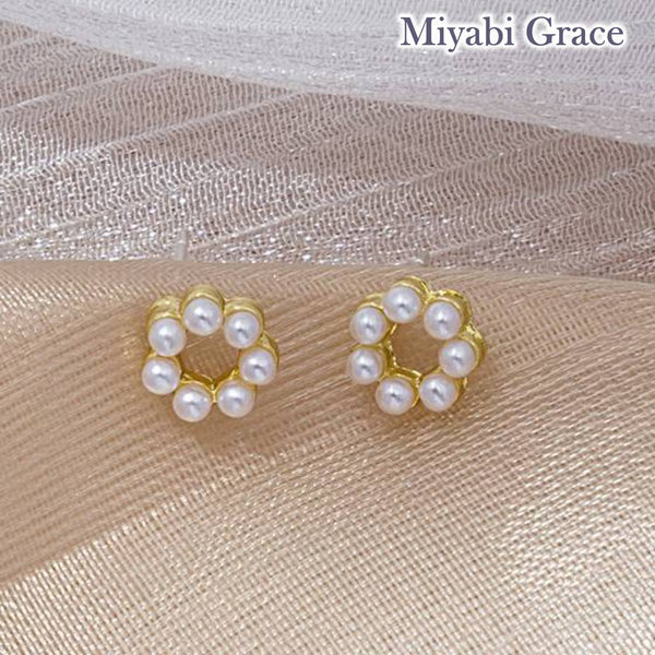 Small Gold Open Circle White Pearl Invisible Clip On Stud Earrings