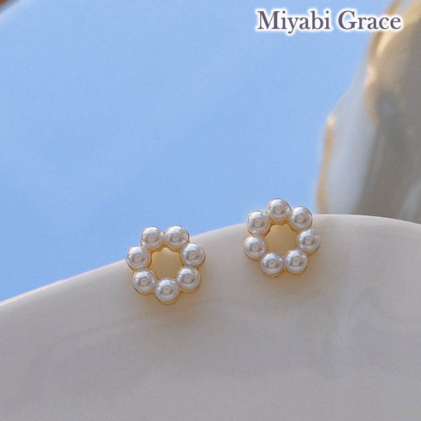 Small Gold Open Circle White Pearl Invisible Clip On Stud Earrings