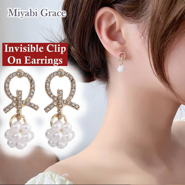 Dangle White Pearl Ball with Crystal Rhinestone Open Circle Gold Invisible Clip On Stud Earrings