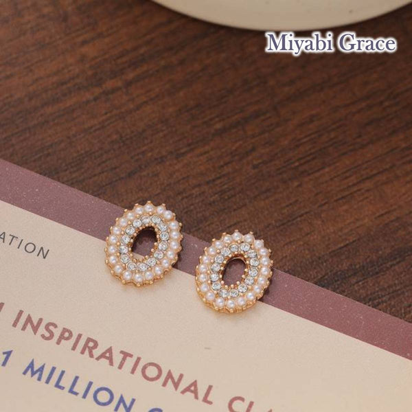 Oval White Pearl Crystal Rhinestone Invisible Clip On Stud Earrings